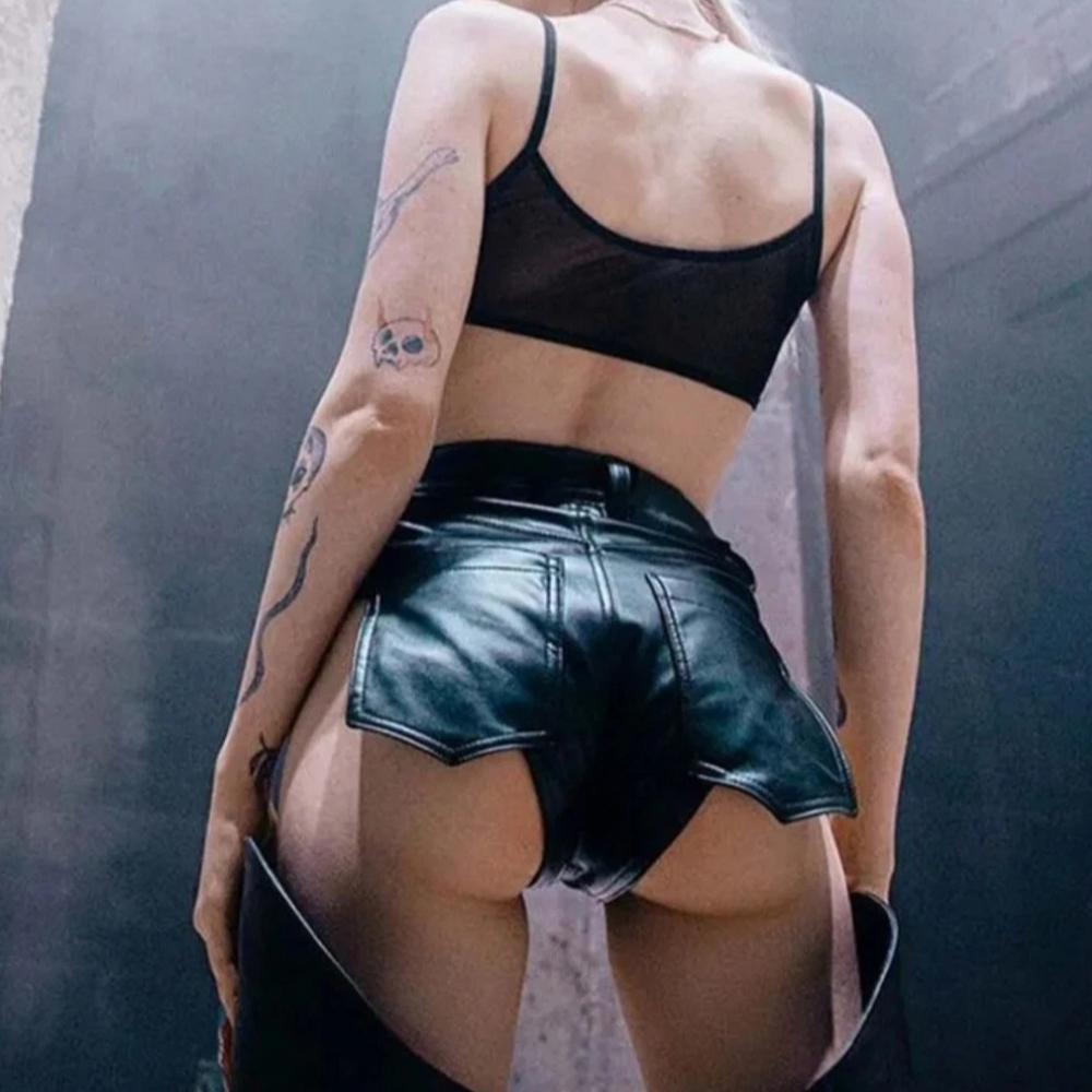 Black Cut Out Side Faux Leather Vintage Street Sexy Mini Short.